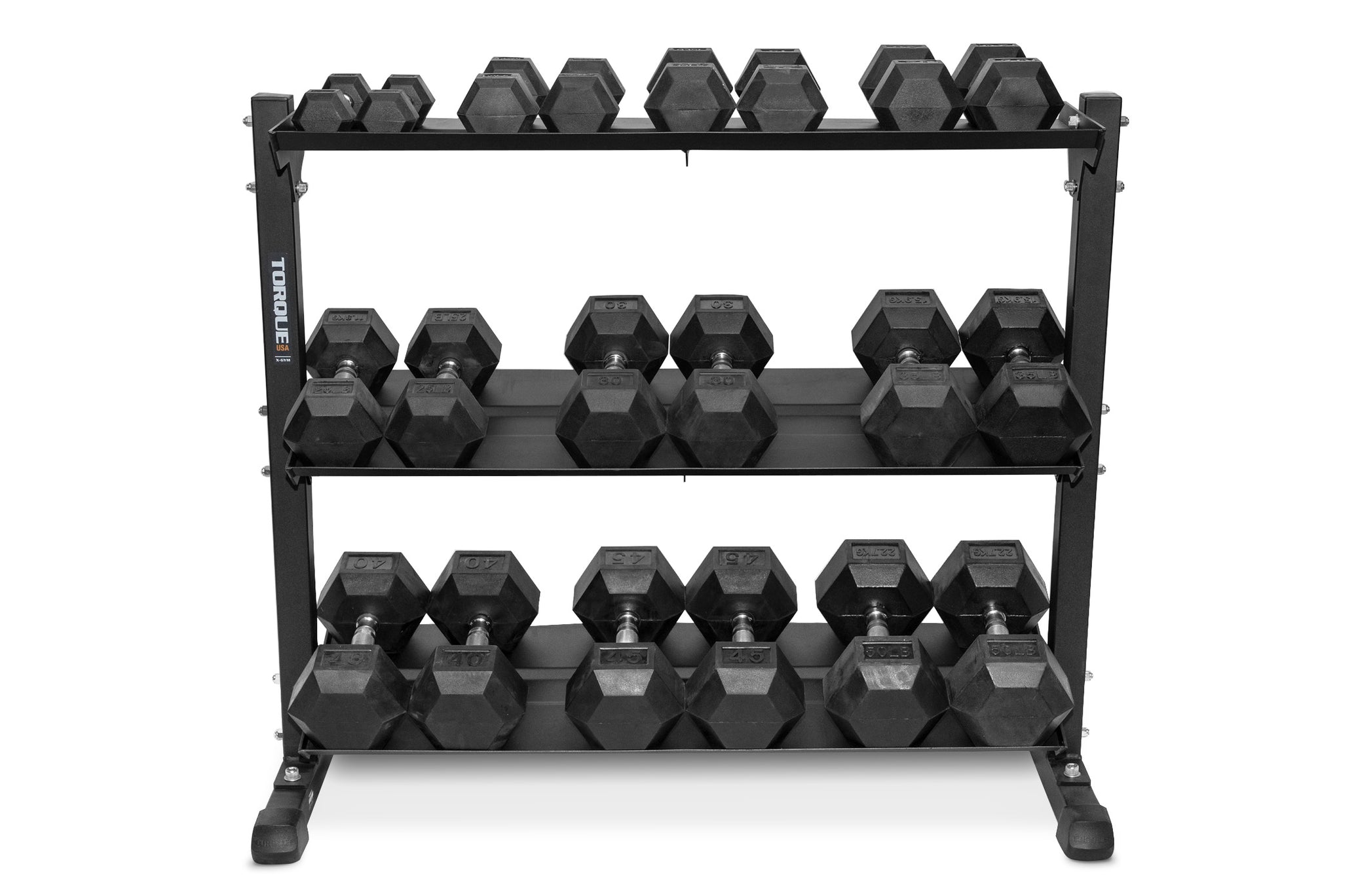 5-50 Rubber Hex Dumbbell Set with 4' Storage Rack